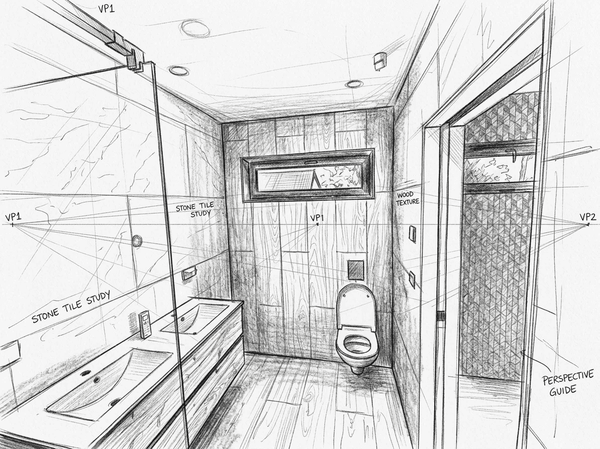 Schets van de badkamer met perspectieflijnen en materiaalstudies